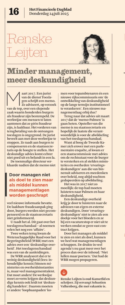 ‘Minder management, meer deskundigheid' 

Zomercolumn in <a href="/FD_Nieuws/">FD Nieuws</a> 

fd.nl/opinie/1563232… (gratis te lezen)