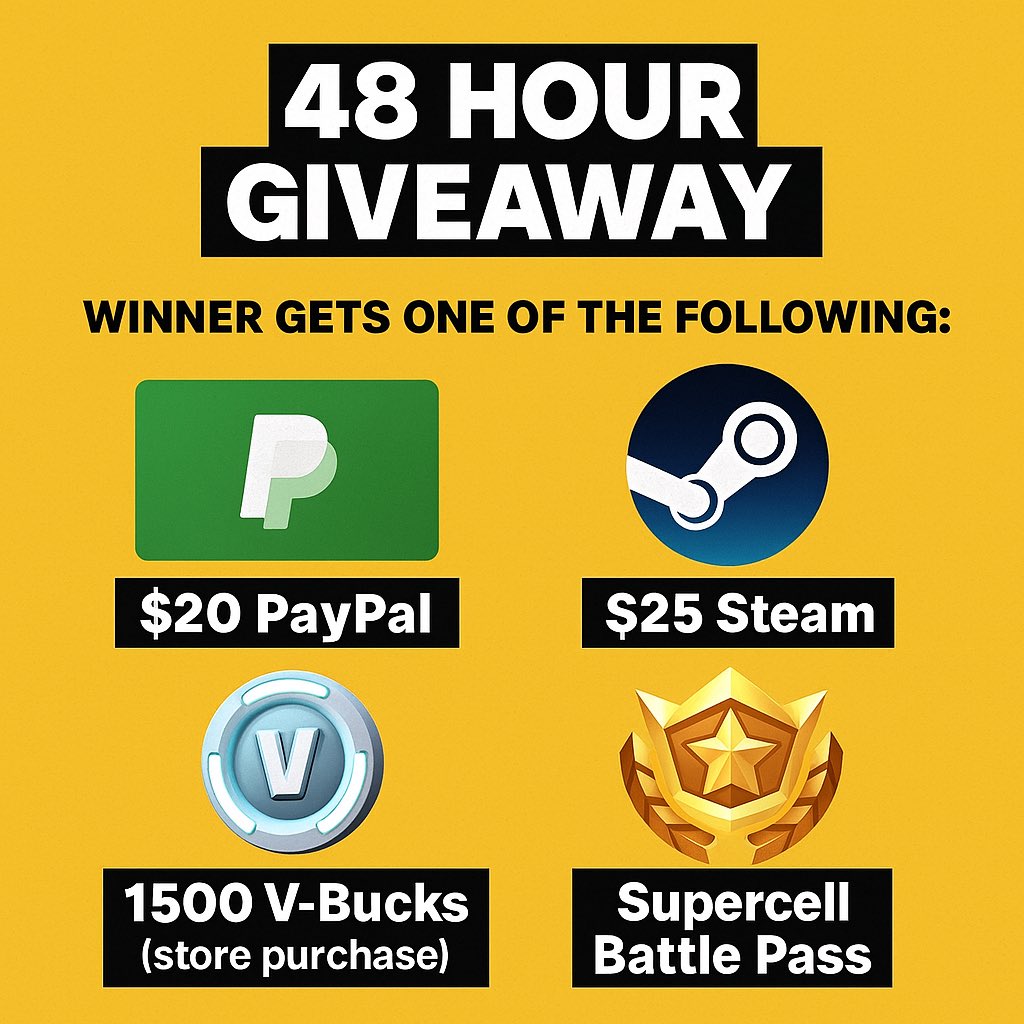 🚨 48 HOUR GIVEAWAY 🚨
Winner gets ONE of the following:
💰 $20 PayPal
🎮 $25 Steam
🕹️ 1500 V-Bucks (store purchase)
🔥 Supercell Battle Pass

To enter:
✅ Like
💬 Comment
👥 Tag 2 friends
🔔 Turn notis ON
📲 Make sure to follow

Let’s run it up GOATS! 🐐💸