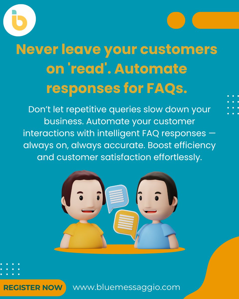 Blue_Messaggio's tweet image. ✨ Never leave your customers on &apos;read&apos;! ✨
With Bluemessaggio, automate replies to FAQs and deliver lightning-fast responses 24x7.

#Bluemessaggio #FAQAutomation #SmartMessaging #AutomatedSupport #CustomerSupport #CustomerExperience #AIChatbot #24x7Support #BusinessAutomation
