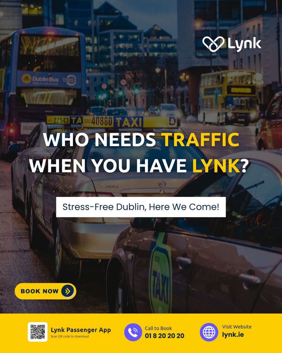 Skip the gridlock, get straight to the good stuff. 🏙️ With Lynk, Dublin's stress-free side is just a tap away. No traffic, no hassle—just easy, breezy city vibes. 🌬️

#DublinDoneRight #LynkLocal #NoTrafficJustLynk #dublin #SkipTheTraffic #AirportTaxiService #UltimateGetaway