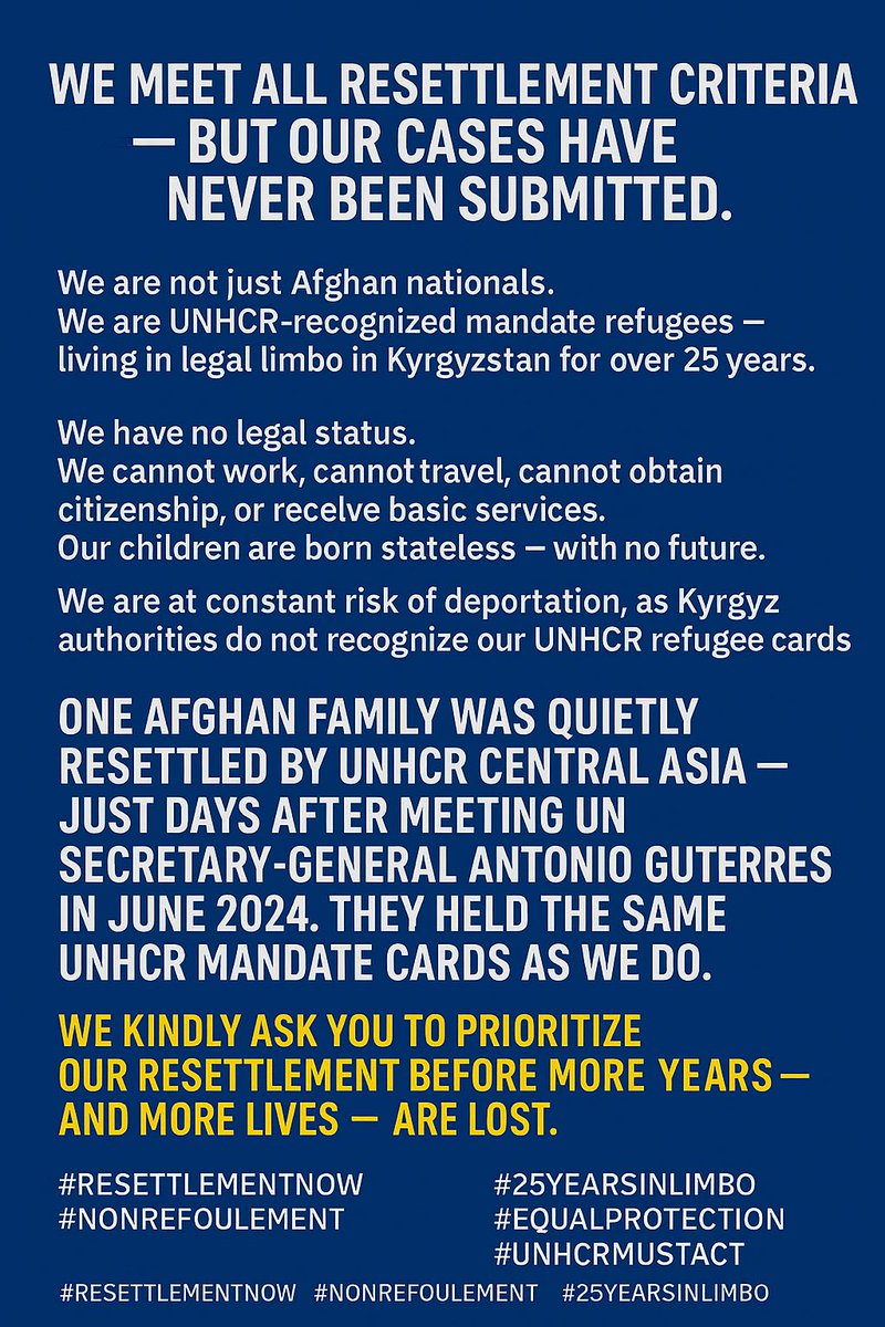 afghan_rf's tweet image. 📌 We are Afghan refugees in #Kyrgyzstan, officially recognized by UNHCR since 2008.
We fled war 27 years ago. We survived. But now we are trapped — stateless, undocumented, and excluded from all solutions.
From next door in Tajikistan, Afghan mandate refugees — just like us —…