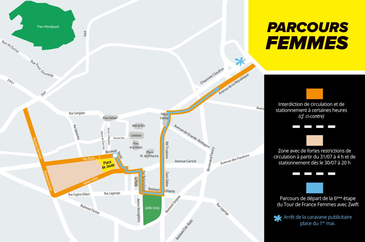Clermont-Ferrand (@clermontfd) on Twitter photo 💛🚴♀️ Le 31 juillet, #EllesReviennent à #ClermontFd pour le grand départ de la 6e étape du <a href="/LeTourFemmes/">Le Tour de France Femmes avec Zwift</a> 🏁
📅Des règles de #stationnement et de #circulation sont mises en place pour assurer la #sécurité et le bon déroulement du #TDFF2025.
👉 clermont-ferrand.fr/31-juillet-tou… 💛🚴♀️ Le 31 juillet, #EllesReviennent à #ClermontFd pour le grand départ de la 6e étape du <a href="/LeTourFemmes/">Le Tour de France Femmes avec Zwift</a> 🏁
📅Des règles de #stationnement et de #circulation sont mises en place pour assurer la #sécurité et le bon déroulement du #TDFF2025.
👉 clermont-ferrand.fr/31-juillet-tou…