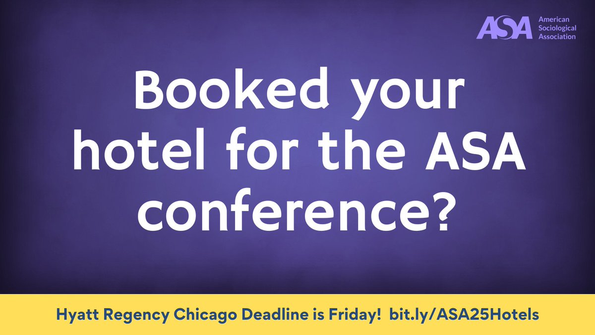 ASAnews's tweet image. Upcoming hotel deadline! Reserve your #ASA2025 room at the Hyatt Regency Chicago by 7/25. Avoid scams by using the links on our “Hotels and Travel” page bit.ly/ASA25Hotels. Register today! bit.ly/RegisterASA25