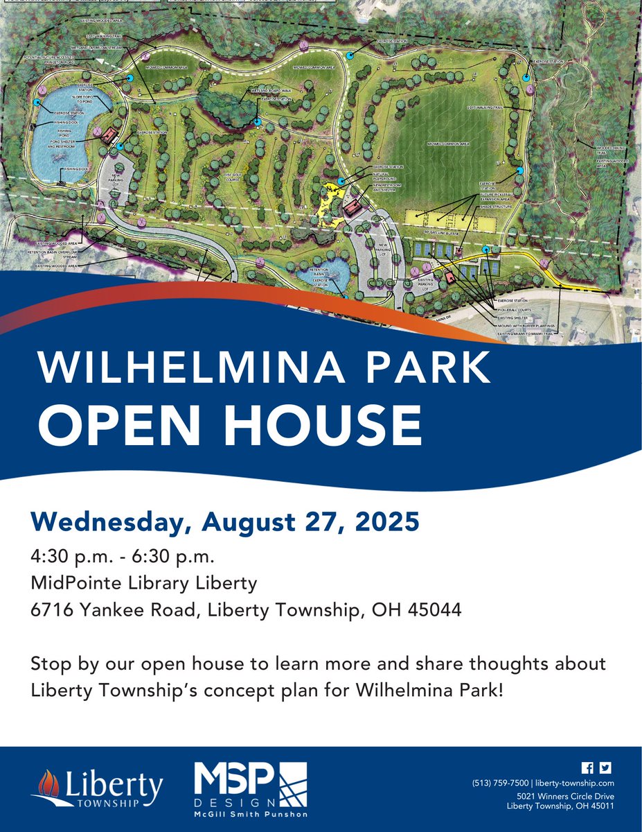 Liberty Township, OH (@libertytwpoh) on Twitter photo Stop by our open house to learn more and share thoughts about Liberty Township's concept plan for Wilhelmina Park on Wednesday, August 27 from 4:30 p.m. - 6:30 p.m. at the new <a href="/MidPointe/">MidPointe Library</a> Liberty (6716 Yankee Road). View the concept plan here, liberty-township.com/ImageRepositor…. Stop by our open house to learn more and share thoughts about Liberty Township's concept plan for Wilhelmina Park on Wednesday, August 27 from 4:30 p.m. - 6:30 p.m. at the new <a href="/MidPointe/">MidPointe Library</a> Liberty (6716 Yankee Road). View the concept plan here, liberty-township.com/ImageRepositor….