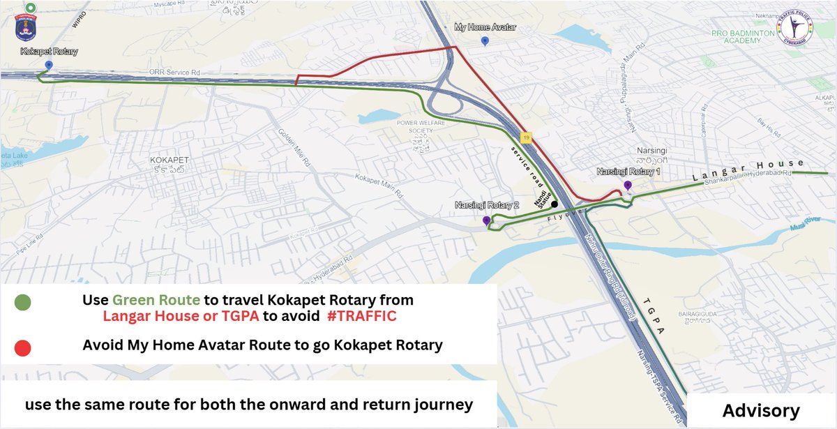 Traffic Advisory:
Commuters from Langar House or TGPA to Kokapet Rotary can use the route via Narsingi Flyover &amp; service road (NCC –Nandi Statue–Vertex) for smoother travel. Avoid My Home Avatar to reduce travel time. Return journey follows the same route.