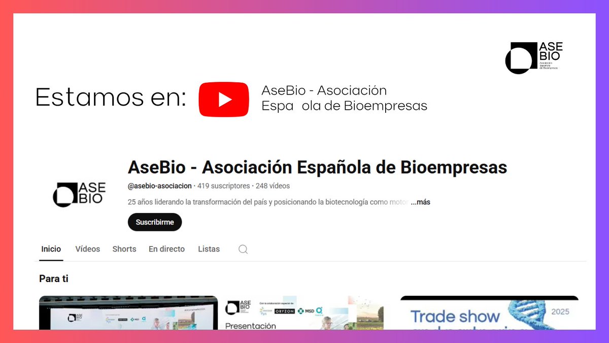 ¿Sabías que estamos en YouTube? 🎥

Entrevistas, eventos y más 👉youtube.com/@AseBioAsociac…

#SomosBiotecnología