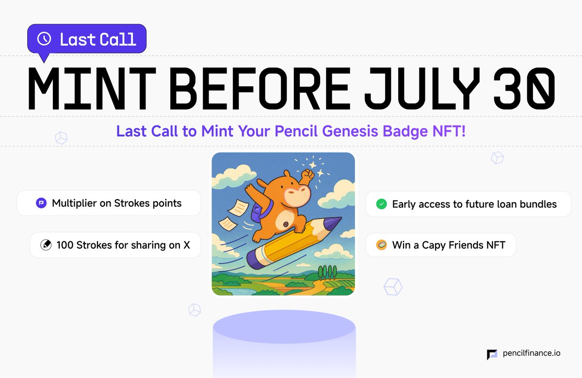 Last call to mint your Pencil Genesis Badge NFT before July 30!

Gain early access to future loan bundles and enjoy a multiplier on Strokes points.