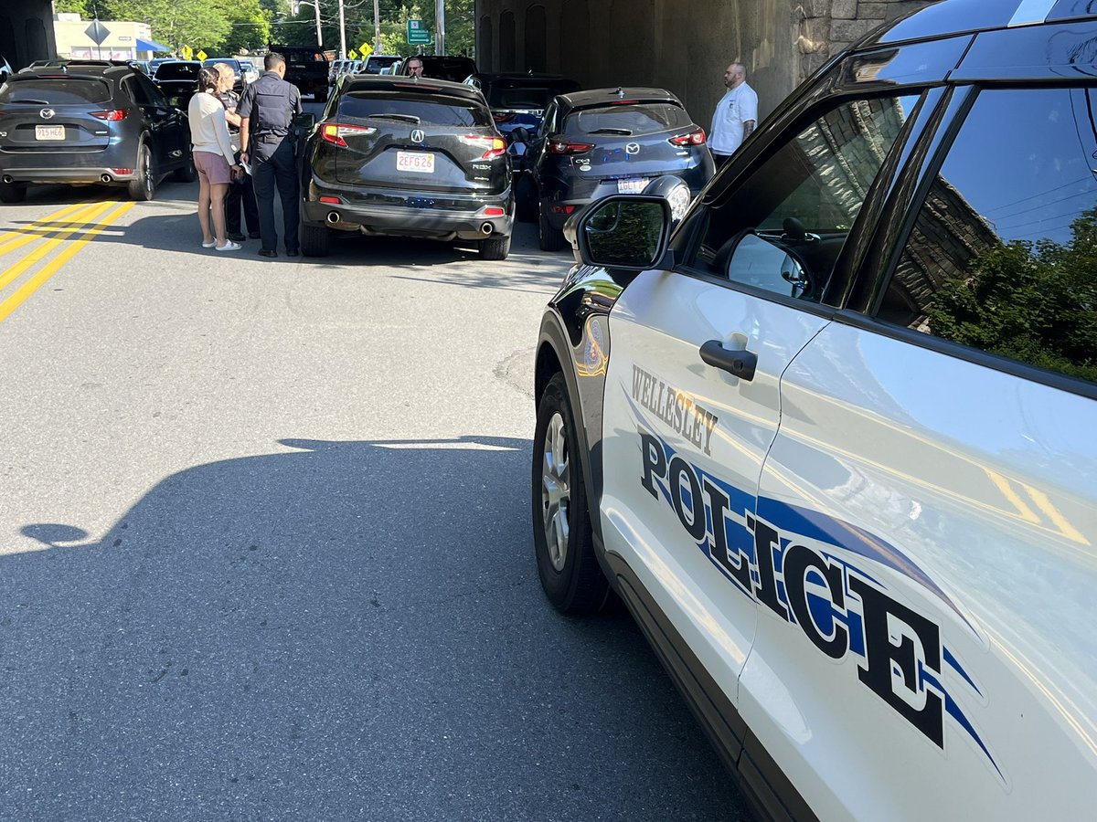 WellesleyPolice's tweet image. WPD working a three car crash on Weston Road at Route 9. Vehicle struck parked cars. No injuries, slight delays northbound on Weston at Fells block. Expect to clear by 855 AM.