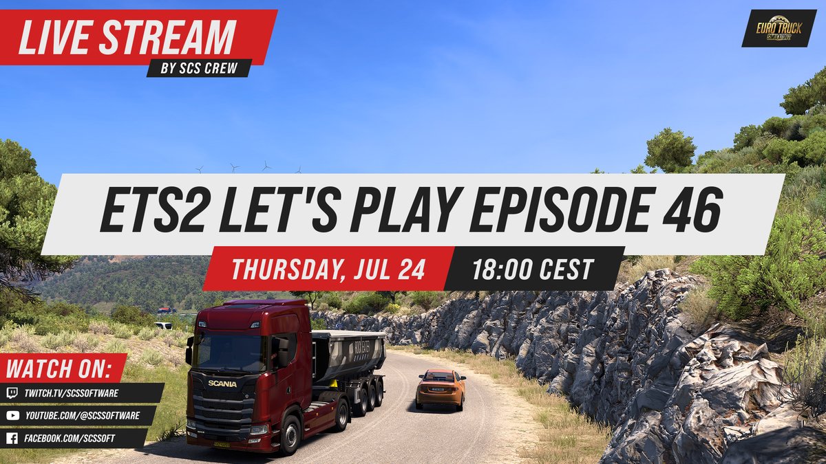 SCSsoftware's tweet image. Let's hit the road! 🚛💨
Join us today from 6pm CEST, as we continue truckin' on the roads of Euro Truck Simulator 2, with a special guest! 🙌
Tune in at:
🟣 Twitch.TV/SCSSoftware
🔴 YouTube.com/SCSSoftware
🔵 Facebook.com/SCSSoft