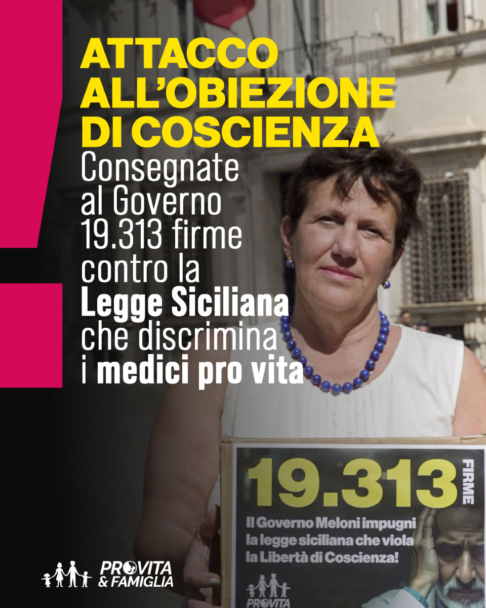 ProVitaFamiglia's tweet image. La Regione Sicilia, guidata dal centrodestra, ha approvato una legge che consente agli ospedali pubblici di escludere i medici obiettori dai concorsi, riservando i posti solo ai medici abortisti.
Contro questa norma ideologica e incostituzionale, abbiamo lanciato una petizione…