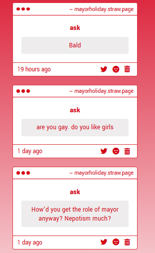 MayorOfHometown's tweet image. no fuck off
kris what are you talking about?
(//holy fire art dude)
i would much rather listen to Buddy Holly and live on an Island in The Sun, No One Else listens to weezer in my family than err... lets move on
are you a fucking dumbass
NO
i am mayor because people LOVE ME