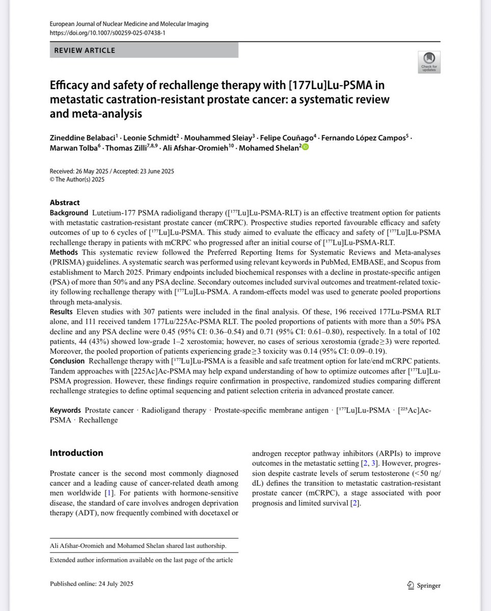 New paper in EJNMMI!
📄 Rechallenge with [¹⁷⁷Lu]Lu-PSMA shows promising efficacy &amp; safety in mCRPC.
Thanks to my friend Mo Shelan for inviting me to join this great work!
👉 doi.org/10.1007/s00259…
#ProstateCancer #Lu177 #Theranostics #PSMA #NuclearMedicine