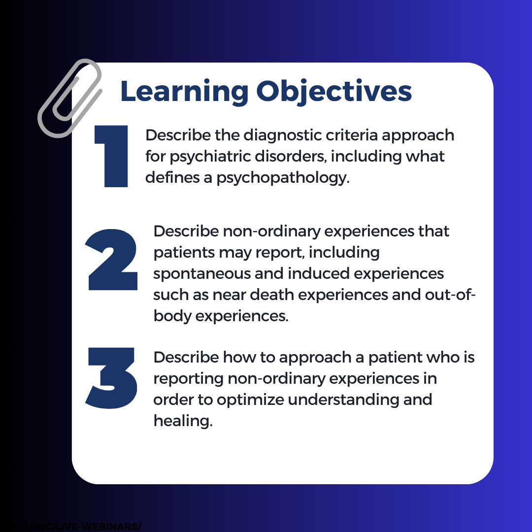 SCPdiv12's tweet image. Non-ordinary Experience (NOE) or Pathology?! 🤔 Differentiating the two is not as easy as you think!
Join us w/ Dr. J. Kim Penberthy as we explore how to hold space for NOEs—balancing curiosity & compassion w/ clinical responsibility 🫂
7/30 12PM EST div12.org/live-webinars