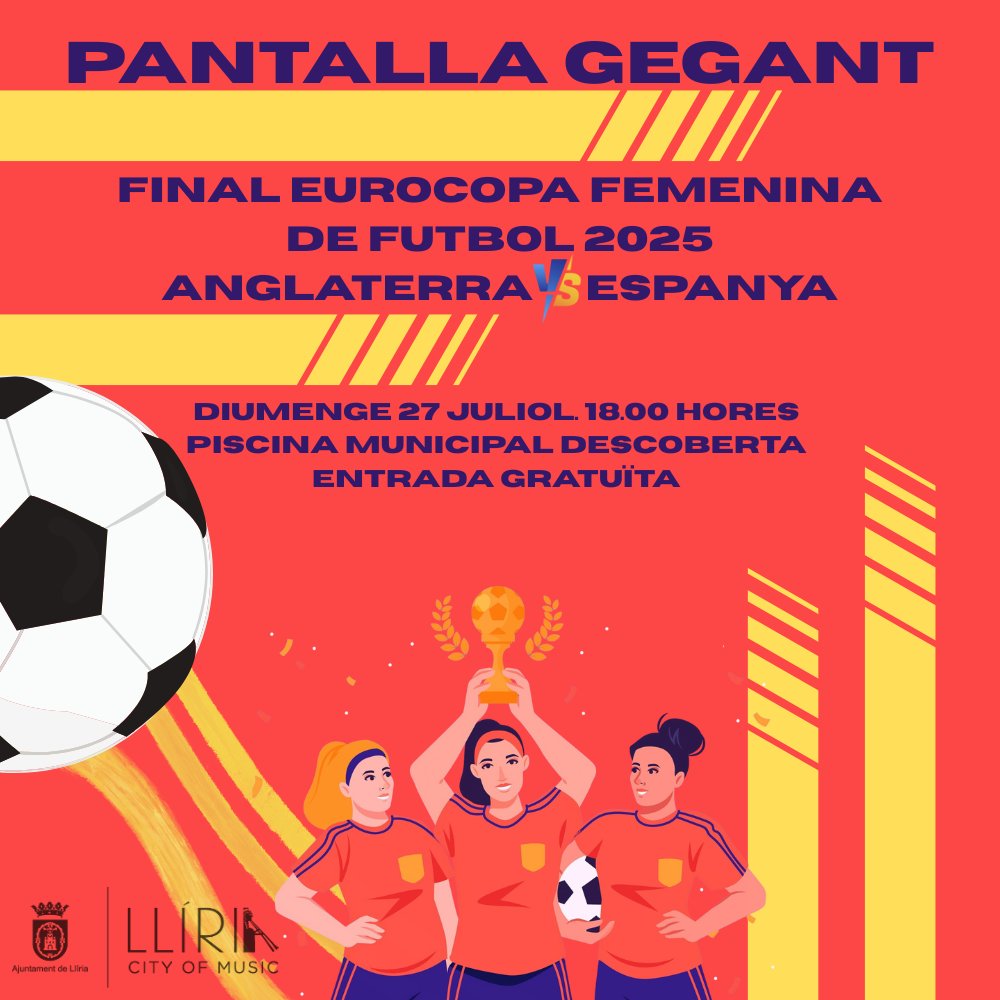 Ajuntament de Llíria (@aytolliria) on Twitter photo ⚽🇪🇸 L'<a href="/aytolliria/">Ajuntament de Llíria</a> instal·larà una pantalla gegant, a la piscina municipal descoberta, per a vore la final de l'Eurocopa femenina de futbol entre Espanya i Anglaterra, que se celebrarà este diumenge 27 de juliol a les 18 h. Entrada gratuïta.
💪Vine a animar a la Selecció! ⚽🇪🇸 L'<a href="/aytolliria/">Ajuntament de Llíria</a> instal·larà una pantalla gegant, a la piscina municipal descoberta, per a vore la final de l'Eurocopa femenina de futbol entre Espanya i Anglaterra, que se celebrarà este diumenge 27 de juliol a les 18 h. Entrada gratuïta.
💪Vine a animar a la Selecció!