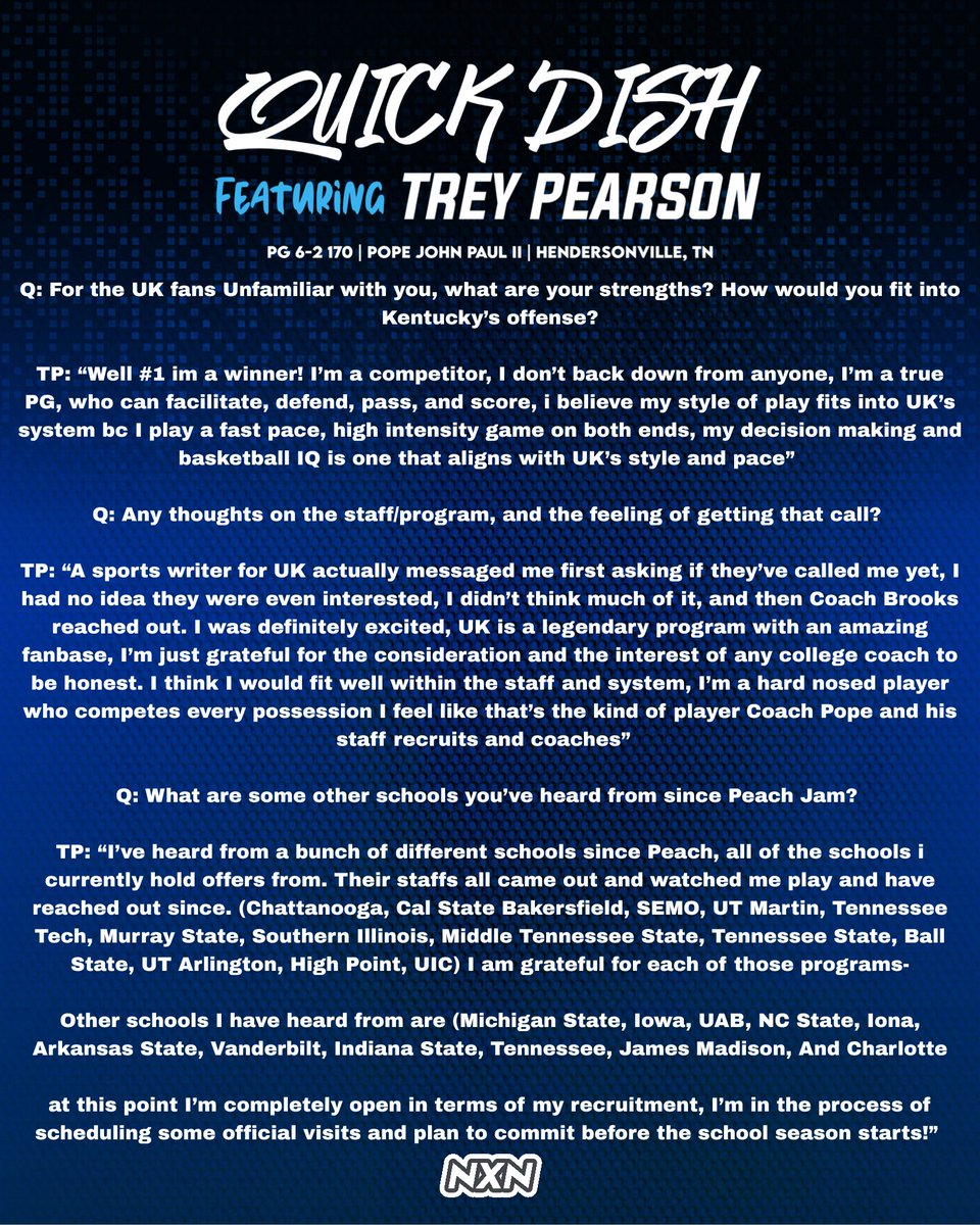 NextNat1on's tweet image. NEW: Spoke with 2026 4⭐️ PG Trey Pearson after Kentucky reached out! @TreyPearson_2
“Coach Brooks called and just said they liked how I played at Peach Jam, and thought I could be a good fit there, an said they’d stay in contact”
Couple questions i asked Trey for BBN! 👇🏻
