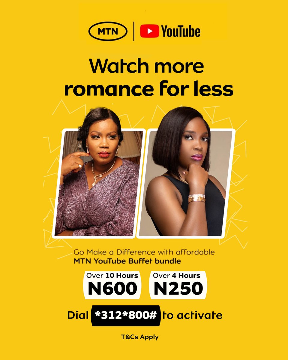 MTNNG's tweet image. Set the mood for love. 🥰
From heartfelt moments to fiery passion, enjoy a romantic movie marathon on YouTube.
Watch for over 10 hours at ₦600 or over 4 hours for ₦250.
Dial *312*800# to activate.
#MTNYouTubeBuffet