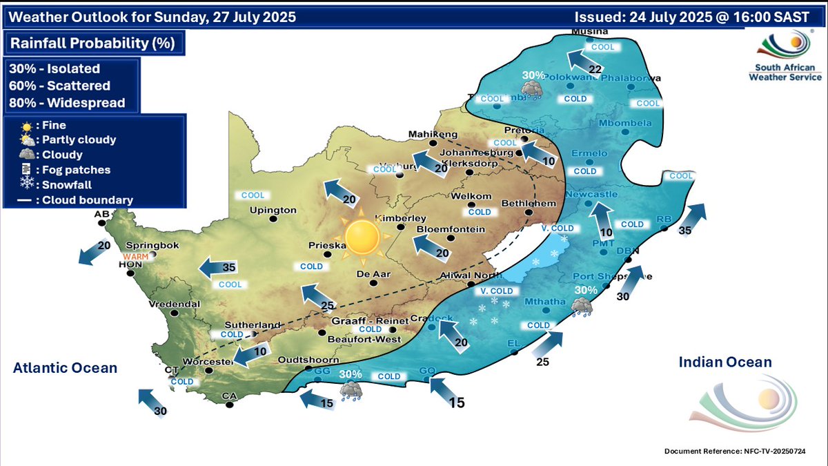 SAWeatherServic's tweet image. Extended weather forecast for Saturday and Sunday, 26-27 July 2025:
Fine over the central and the western interior, otherwise partly cloudy and cold to cool with isolated showers and rain in the east and south.
#saws #saweatheroutlook