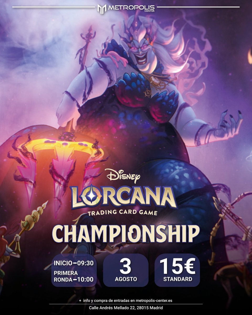 MetropolisCnter's tweet image. 🚨 ¡Es hora de campeonar en #Lorcana!
➡️ El championship de #Disneylorcana llega a Metrópolis Center.
🪙15 €
📱 Inscríbete en metropolis-center.com/events/436-#
#disney #disneytcg #lorcanatcg