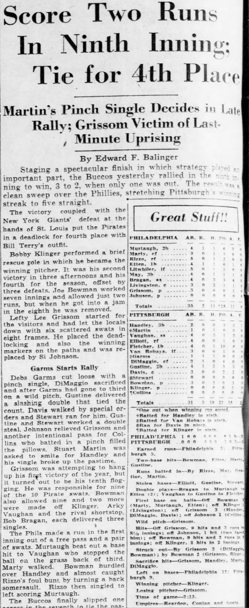 Jimmy T (@jimmytrdinich) on Twitter photo On this date in 1941, Stu Martin capped off a two-run ninth inning as the <a href="/Pirates/">Pittsburgh Pirates</a> walked off the <a href="/Phillies/">Philadelphia Phillies</a>, 3-2, at Forbes Field. After Frankie Gustine tied the game, Martin singled as a pinch hitter with the bases loaded to win it. On this date in 1941, Stu Martin capped off a two-run ninth inning as the <a href="/Pirates/">Pittsburgh Pirates</a> walked off the <a href="/Phillies/">Philadelphia Phillies</a>, 3-2, at Forbes Field. After Frankie Gustine tied the game, Martin singled as a pinch hitter with the bases loaded to win it.