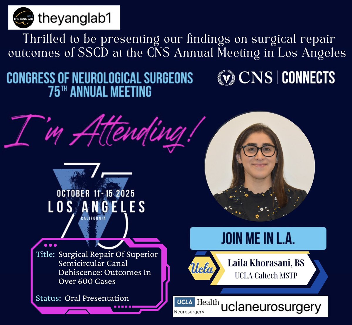 The Yang Lab (@theyanglab1) on Twitter photo Thrilled to share that our outstanding MSTP candidate and MS2, <a href="/lailakhors/">Laila Khorasani</a> <a href="/uclacaltechmstp/">UCLA-Caltech MSTP</a>, will be presenting our findings on surgical repair outcomes of #SSCD at the <a href="/CNS_Update/">CNS</a> #CNS2025 #2025CNS Annual Meeting this October in #LA! 🔬🧠Excited for an incredible showing from Thrilled to share that our outstanding MSTP candidate and MS2, <a href="/lailakhors/">Laila Khorasani</a> <a href="/uclacaltechmstp/">UCLA-Caltech MSTP</a>, will be presenting our findings on surgical repair outcomes of #SSCD at the <a href="/CNS_Update/">CNS</a> #CNS2025 #2025CNS Annual Meeting this October in #LA! 🔬🧠Excited for an incredible showing from
