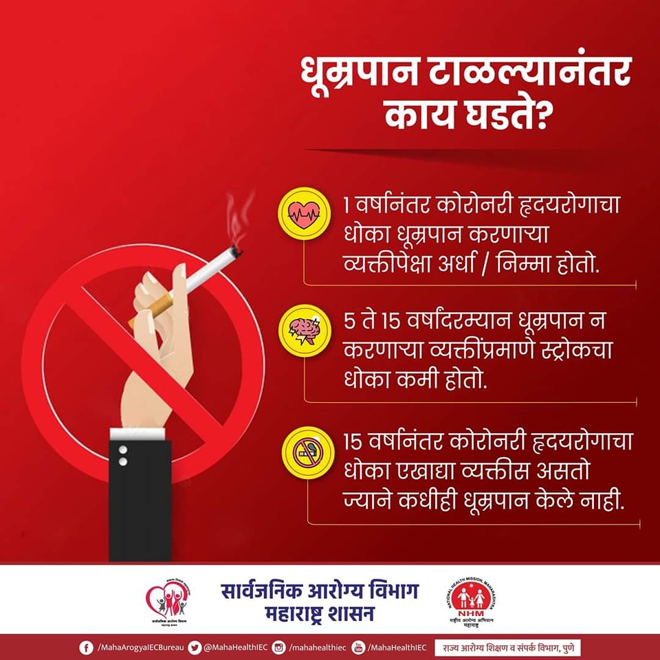 MahaHealthIEC's tweet image. धूम्रपानामुळे कर्करोग होतो, तसेच आपण अनेक आजारांचे शिकारही होऊ शकता. आजच धूम्रपान सोडा आणि निरोगी आयुष्य जगा.

#QuitSmoking #SayNoToSmoke #cigarettes #Tobacco #saynototobacco