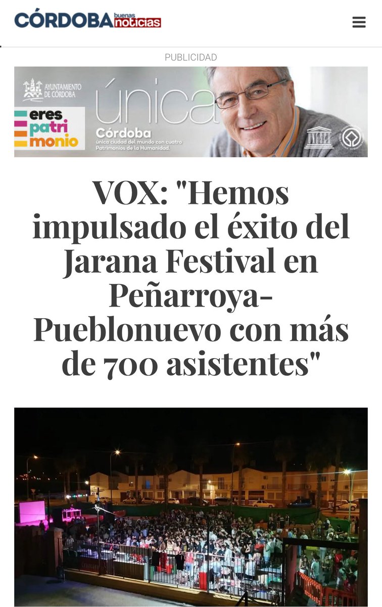 VOX Córdoba (@voxcordoba) on Twitter photo 🎉 ¡Peñarroya-Pueblonuevo vibró con el Jarana Festival!
🗣️ <a href="/MJoseVOX/">MariaJoseVOX</a>: “Más de 700 personas disfrutaron de una noche llena de música y buen ambiente. Un éxito que demuestra que la cultura y la unión hacen grande a nuestro pueblo. 💚”
📲 cordobabn.com/articulo/provi… 🎉 ¡Peñarroya-Pueblonuevo vibró con el Jarana Festival!
🗣️ <a href="/MJoseVOX/">MariaJoseVOX</a>: “Más de 700 personas disfrutaron de una noche llena de música y buen ambiente. Un éxito que demuestra que la cultura y la unión hacen grande a nuestro pueblo. 💚”
📲 cordobabn.com/articulo/provi…