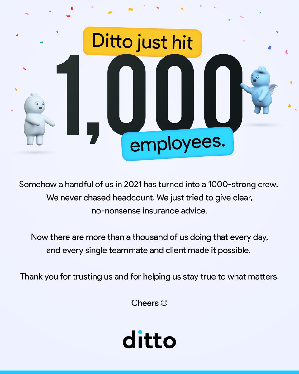 joinditto's tweet image. We just crossed 1,000 people at Ditto Insurance & Finshots
That’s 1,000 humans behind the scenes, building products, writing stories, guiding calls, answering questions & sometimes just showing up to cheer for each other on tough days.
It’s a big milestone. And it wouldn’t have…