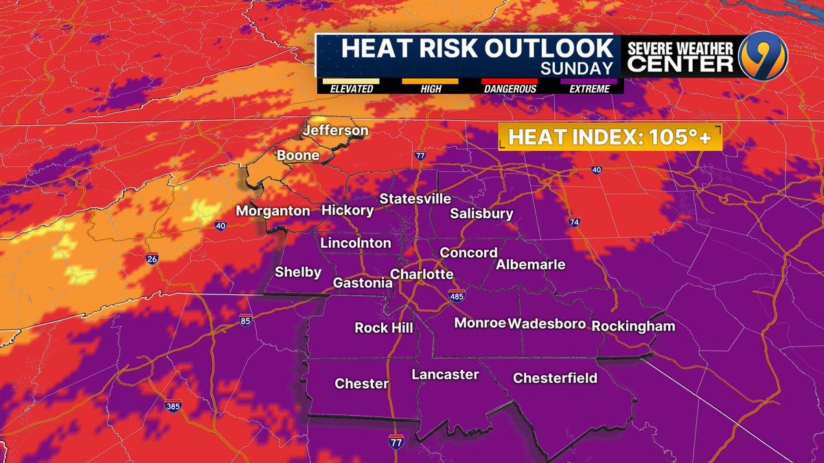 kmondayWSOC9's tweet image. Sunday's heat is going to be off the charts in our area. NOAA's heat risk map shows our area in the EXTREME category. This is more than just the "it's summer, it's supposed to be hot" kind of heat. Take breaks with outdoor plans and check in on those without AC.