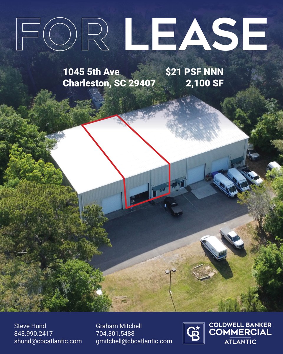 Versatile industrial flex space in West Ashley! 🚛💼 Clear span, 16’ roll-up doors, ample parking, and prime access to major highways—perfect for warehouse, light manufacturing, or mixed-use. #CommercialRealEstate #WestAshley