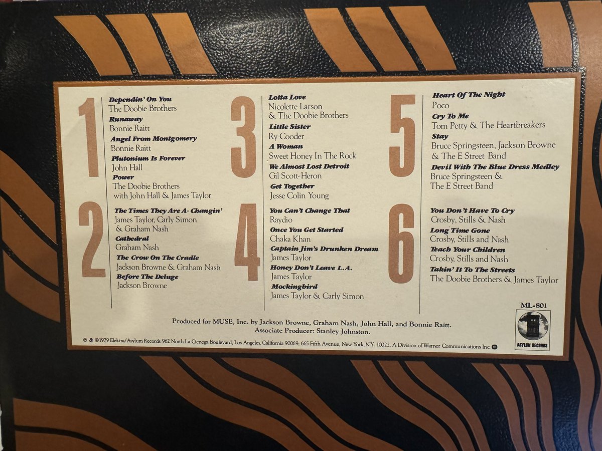 Listening to the “No Nukes” concert compilation from 1979.

Heavy hitters all over this one…Bruce, CSN, Doobies, JT, Jackson Browne and more.

I forgot how much I hate the song “Mockingbird.” 

Shout out to Bud Verge for the hookup on this one.

What would you crank up off this?