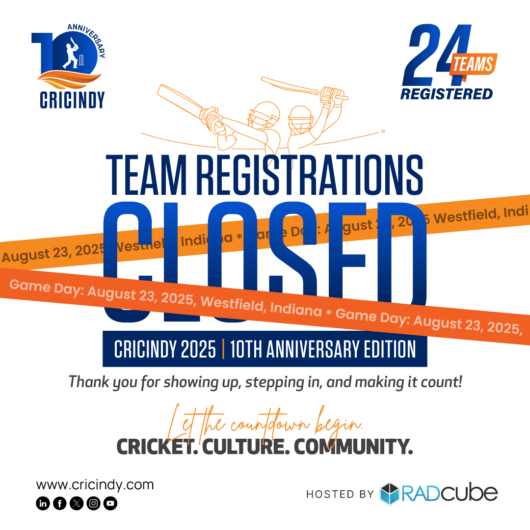Cricindy2's tweet image. Team registrations for #CricIndy2025 are officially CLOSED!
24 incredible teams. 1 epic Game Day.
Thanks to all the organizations making our 10th year unforgettable!
๐
Aug 23, 2025
๐ Grand Park, Westfield, IN
Let the countdown begin... ๐
#10YearsOfImpact #CricketCommunity