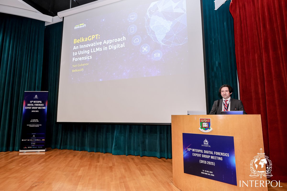 Belkasoft's tweet image. At the 10th INTERPOL #DFEG in Hong Kong, @YuriGubanov introduced Belkasoft’s latest innovation in the #AI space—#BelkaGPT and the #BelkaGptHub.
The talk covered the use of LLMs in #DFIR and how BelkaGPT can give negative responses by relying solely on case data.
