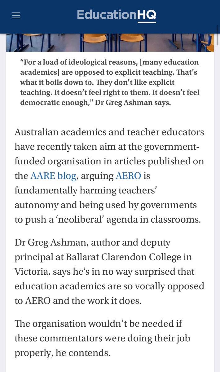 Some *teachers* like to slam teacher educators &amp; have that as the basis of their argument. 

But it’s merely venom 🐍 

Ashman has never been a teacher educator, and he’s not researching in #teachered either. Yet he’s an expert? 🥴

Run along… mate 👋 

educationhq.com/news/school-le…