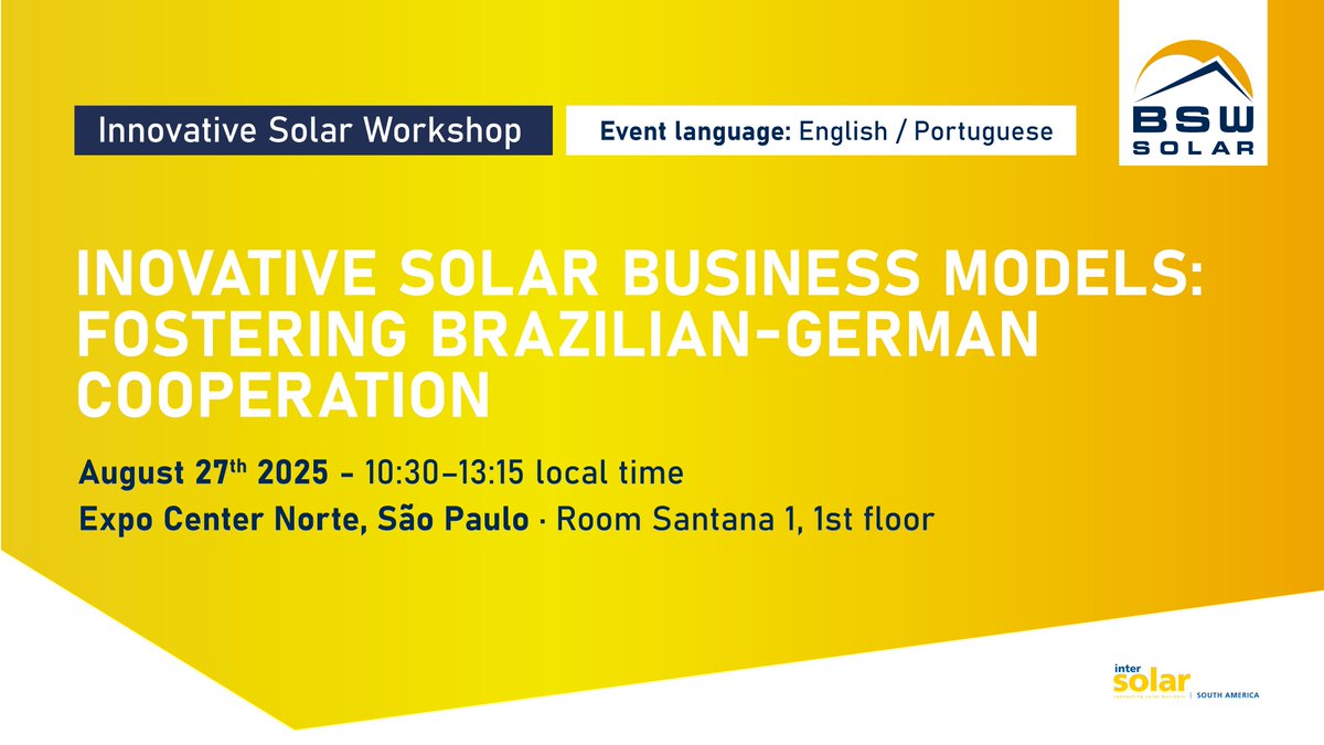 BSWSolareV's tweet image. Roughly one month to go until @TheSmarterE / Intersolar South America in São Paulo! At the trade fair, we will be hosting a side event together with our long-standing Brazilian partner association @ABSOLAR_Brasil on innovative solar business models and cooperation opportunities…