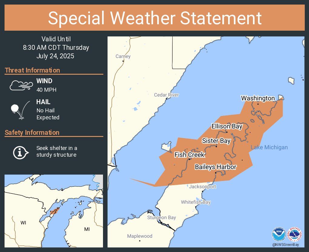 NWSGreenBay's tweet image. A special weather statement has been issued for Sister Bay WI, Ephraim WI and  Baileys Harbor WI until 8:30 AM CDT