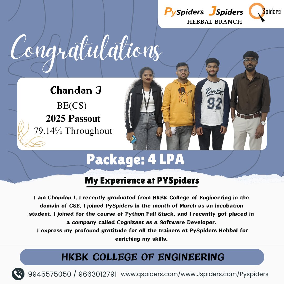 QspidersHebbal's tweet image. 🎉 Congratulations Chandan J! 🎉
📍 HKBK College of Engineering | 🎓 2025 Passout
📈 79.14% Throughout
💼 Placed with a Package of 4 LPA!
 #SuccessStory #CareerGrowth #FreshersJob #EngineeringPlacements