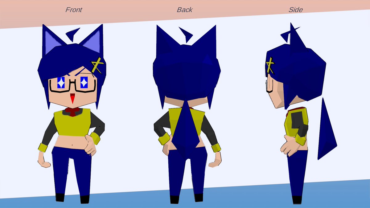 lears_VR's tweet image. #VTuberの三面図が見たい
フルスクラッチのアバターだよ！
嗜好と技術力の都合でローポリ抵頭身だよ！