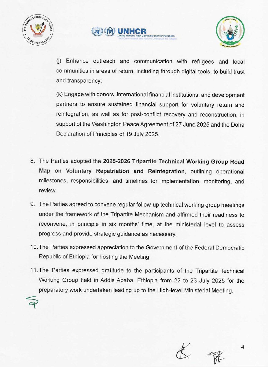 JUST IN:

Rwanda, DRC and the United Nations High Commissioner for Refugees, UNHCR, held a Tripartite High-Level Meeting on the voluntary repatriation of refugees. 

Convened in Addis Ababa on Thursday, the Meeting calls for the voluntary repatriation of Congolese refugees from