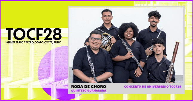 Roda de Choro no Teatrão! Dia 25/07, às 18h30, o Quinteto Guanabara celebra os 28 anos do Teatro Odylo Costa, filho com um concerto especial. Clássicos de Pixinguinha, Nazareth e mais, em arranjos para sopros. Entrada gratuita! Ingressos: sympla.com.br/evento/tocf28-…. Não perca!