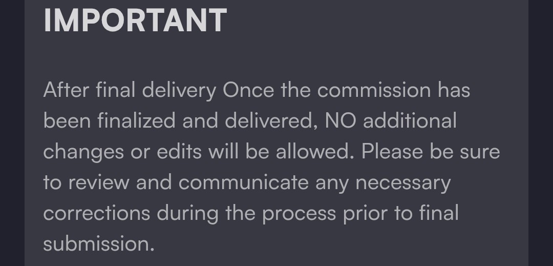 Mivily_'s tweet image. I have updated my Terms and Conditions.
Some clients have requested changes MONTHS after the commission was finalized, and that is no longer possible.
From now on, once the final version is delivered, no changes will be made.
Thank you for respecting my time and work.💖
#VGen