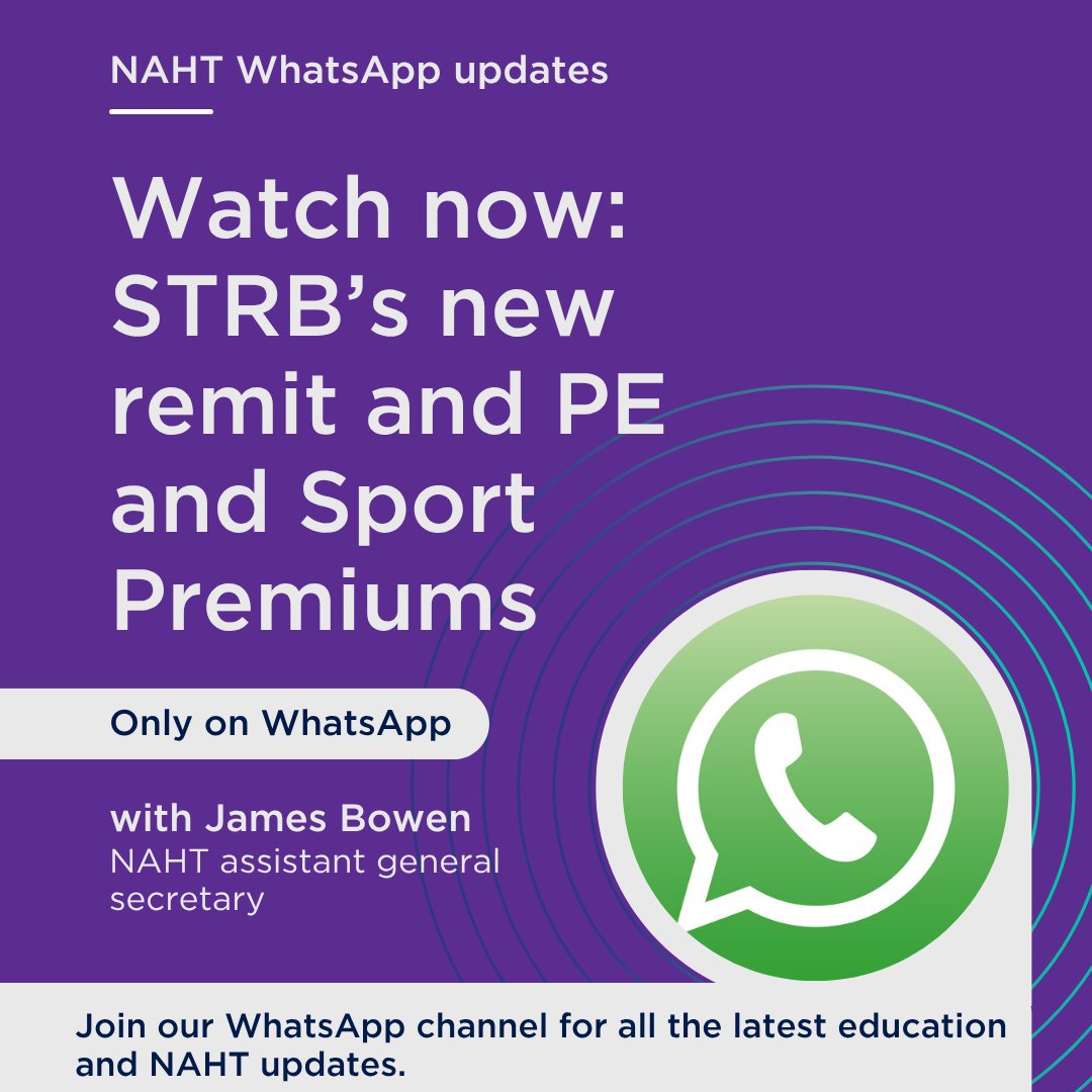 NAHTnews's tweet image. We've just released an update on the STRB's new remit and the outcome of our talks with DfE around the problems many people are having with the PE and Sport Premiums form.
This content is only available on our WhatsApp Channel - instructions on how to join are here:…