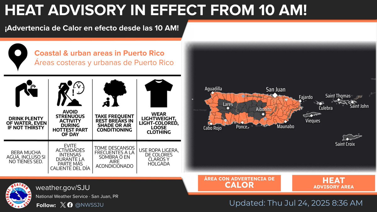 WeatherWatchPR's tweet image. 🥵🌡️ Se emite una Advertencia de Calor para todas las áreas coloreadas en el mapa desde las 10 AM hasta las 5 PM. Siga las recomendaciones dadas en la gráfica.