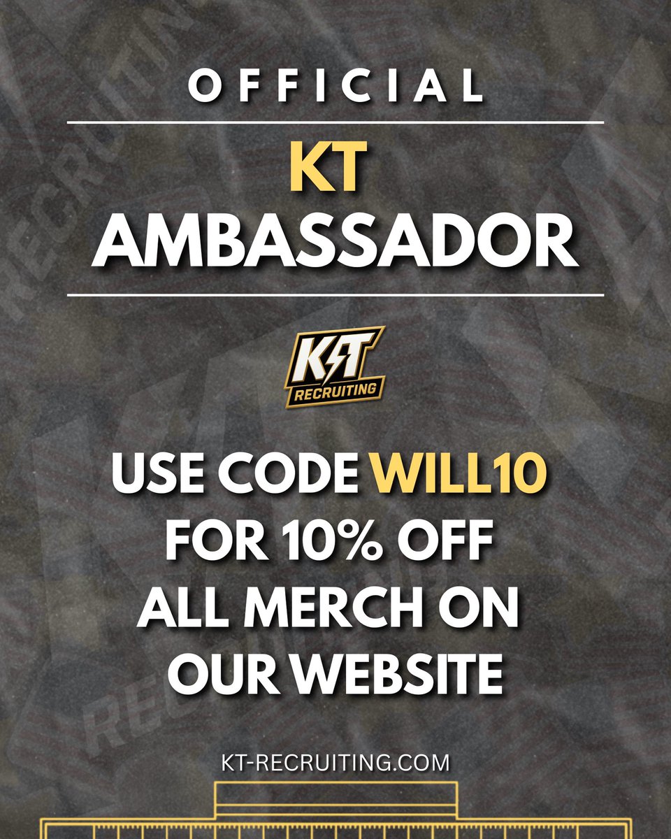 William jackson (@will_is_decent) on Twitter photo Very excited to announce that I have partnered with <a href="/kt_recruiting/">Kicker Tracker Recruiting</a>
Use code WILL10 for 10% off all merchandise
Kt-recruiting.com Very excited to announce that I have partnered with <a href="/kt_recruiting/">Kicker Tracker Recruiting</a>
Use code WILL10 for 10% off all merchandise
Kt-recruiting.com