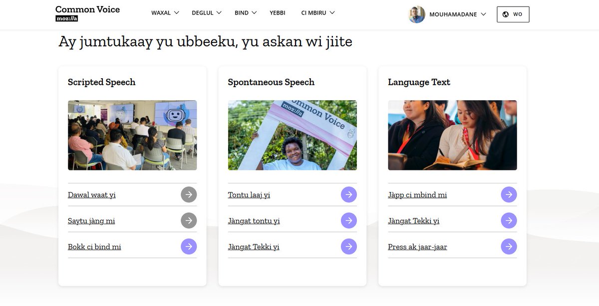 mouhamadane01's tweet image. Common Voice est désormais disponible en wolof 🥳🥳! Kudos à @derguene et Rokhaya Diagne 🫡
Vous pouvez contribuer au projet en ajoutant des phrases, en enregistrant votre voix, ou en validant des contributions.
Link : commonvoice.mozilla.org/wo
#Wolof #ASR #IA @galsenai