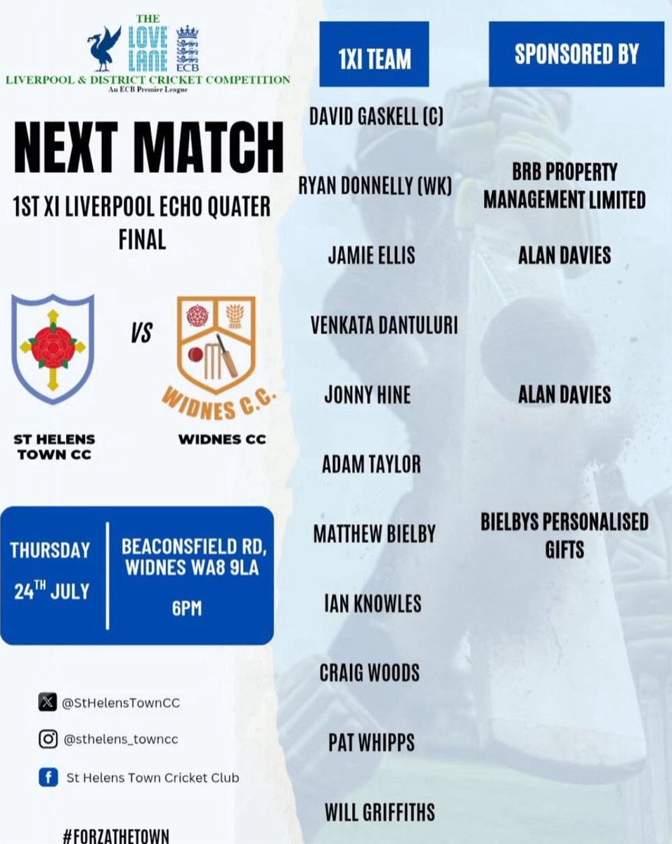 1st XI are in T20 action tonight as we make the trip to <a href="/WidnesCricket/">Widnes Cricket Club</a> in the quarter final of the Liverpool Echo KO.

The winners will progress to finals day next month.

#ForzaTown