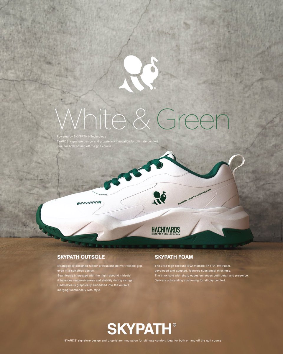 8yards_jp's tweet image. SKYPATH®のテスト・カラー・#02🐝
色の強度の問題などあり、お蔵入り寸前だった「White &amp;amp; Green🌿」。なんとか踏みとどまって”調整”進行中…まだまだ先は長く、発売は未定🙏🐝
見た目は少し変わりそうです💭

8yards.jp/user_data/8500…

#SKYPATH
#スパイクレスシューズ
#ゴルフ #8YARDS #ハチヤーズ