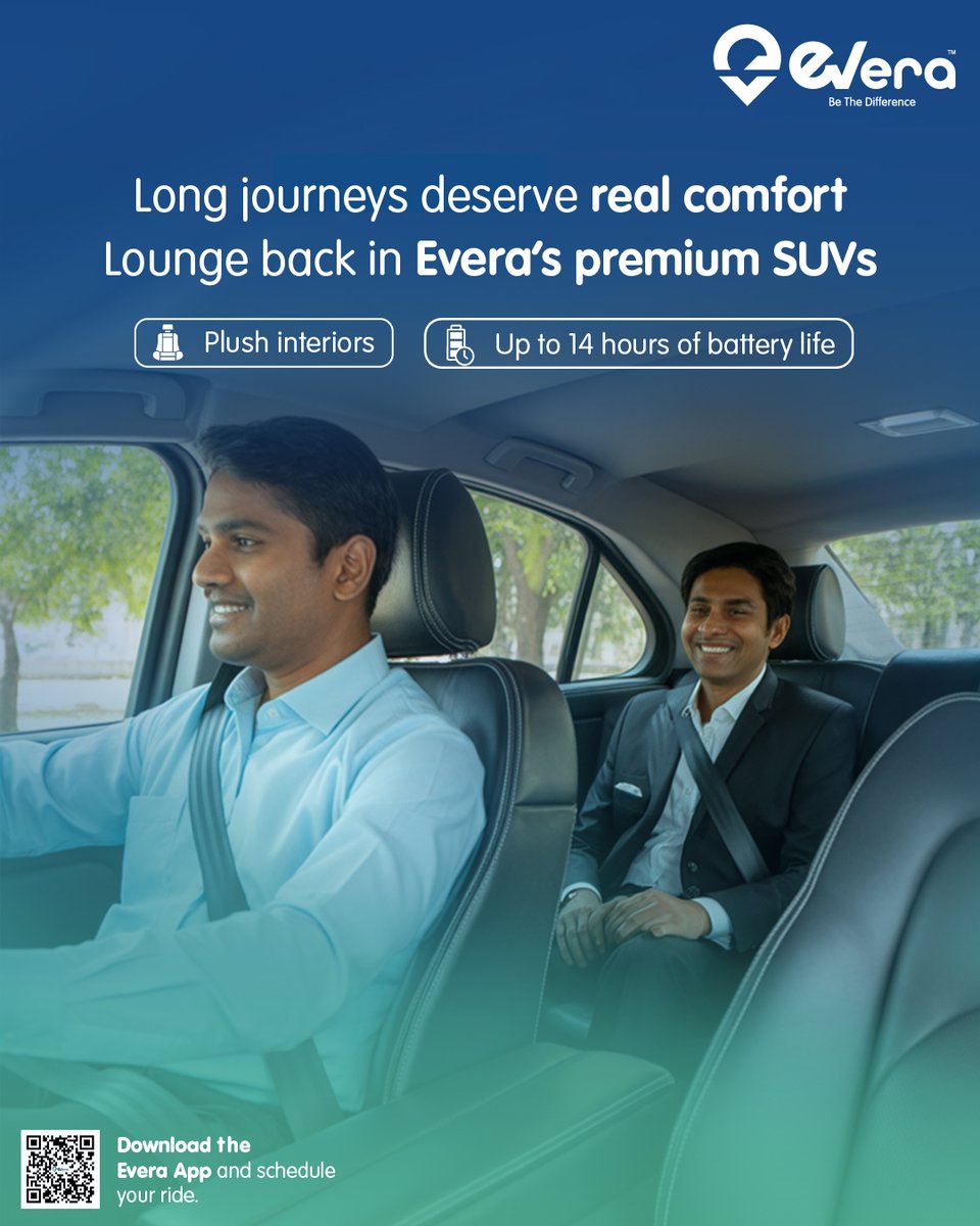 Everacabs (@everacabs) on Twitter photo Long trip ahead? Lounge like a boss in Evera’s premium electric SUVs.
Book your ride now on the Evera App.
📲 Click the link qrcodes.pro/2g0L5e to download the app and schedule your ride today!
<a href="/e_prakriti/">Prakriti E-Mobility</a>
#RideEvera #GreenDrive #EVIndia #ComfortRecharged Long trip ahead? Lounge like a boss in Evera’s premium electric SUVs.
Book your ride now on the Evera App.
📲 Click the link qrcodes.pro/2g0L5e to download the app and schedule your ride today!
<a href="/e_prakriti/">Prakriti E-Mobility</a>
#RideEvera #GreenDrive #EVIndia #ComfortRecharged