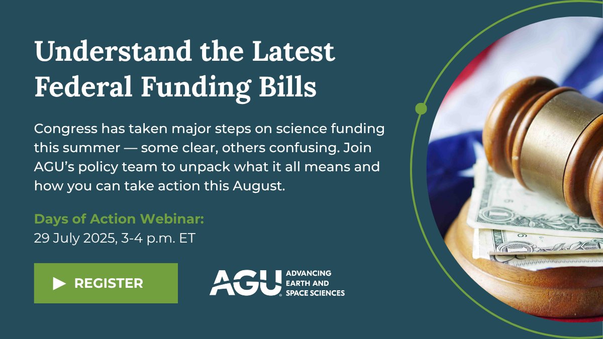 theAGU's tweet image. What’s going on with federal science funding? More than you think.
Join the AGU Days of Action webinar on 29 July at 3 p.m. ET to unpack recent legislation and learn how to take action this August.
Register now. 👉 agu.zoom.us/webinar/regist…