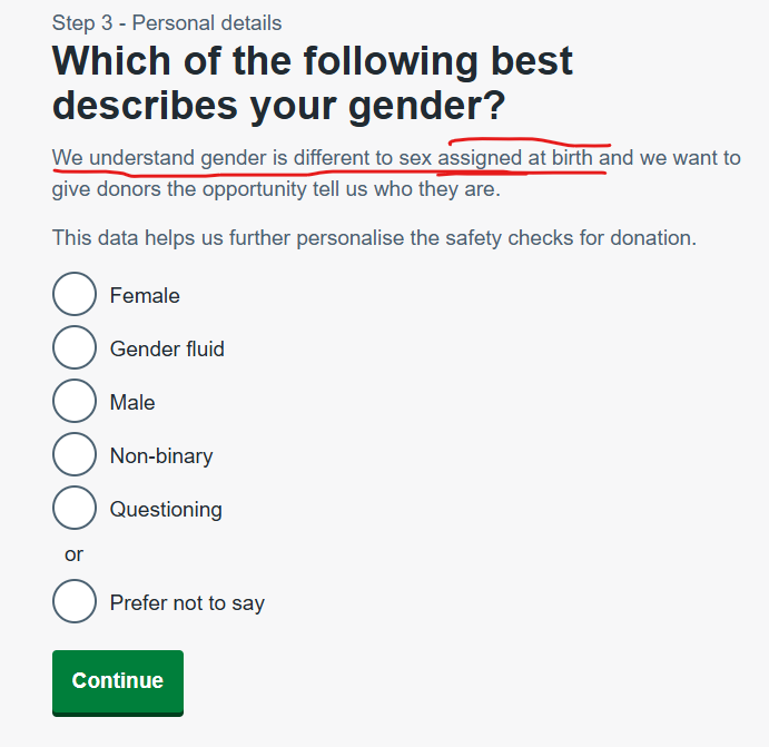 WillHagWriter's tweet photo. I was registering to give blood, and in the from, this activist language is used. @GiveBloodNHS , please note that people are not "assigned" a sex. The sex is observed and recorded. This language must be changed back to neutral language away from that of activism. https://t.co/DuDrpd1auF