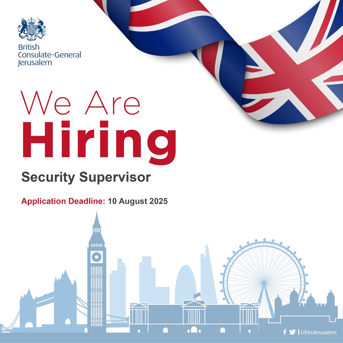 🔐 We're Hiring! | Security Supervisor – British Consulate General Jerusalem (permanent role, AA grade). 🇬🇧

🛡️ Shift-based role
📍 Based in Jerusalem
📅 Deadline: 10 August

👉 For more info and to apply: 
fco.tal.net/vx/appcentre-e…